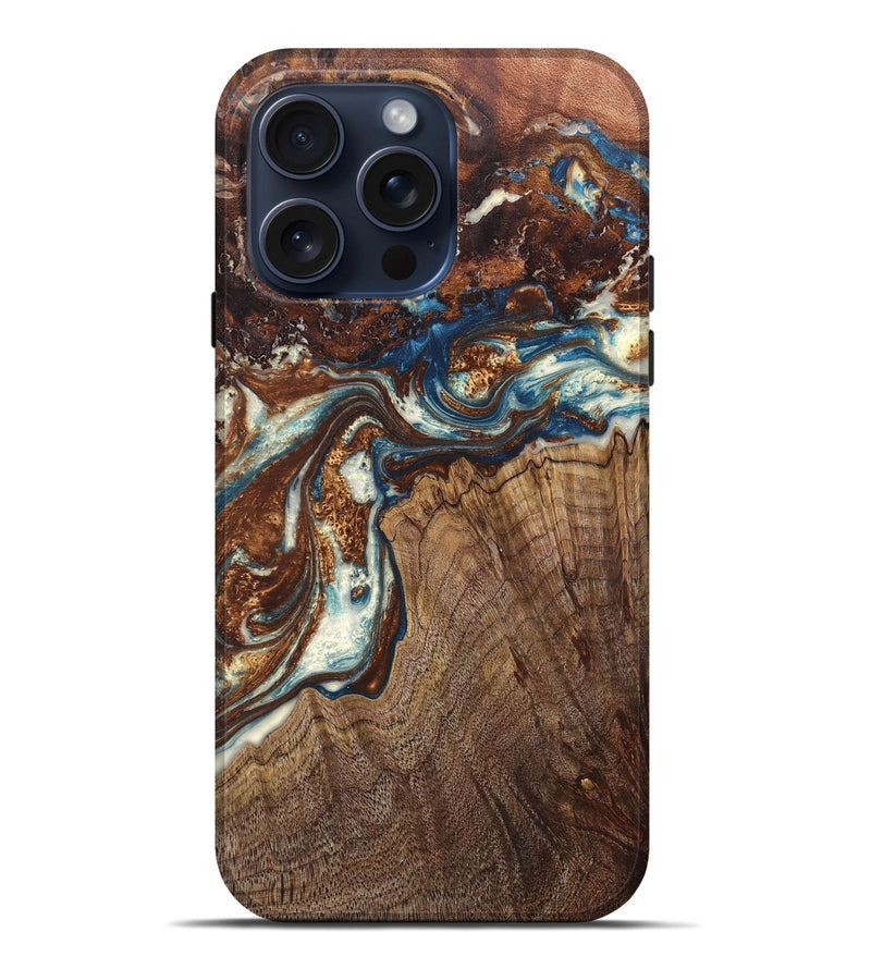 iPhone 15 Pro Max Wood+Resin Live Edge Phone Case - Chuck (Teal & Gold, 670821)
