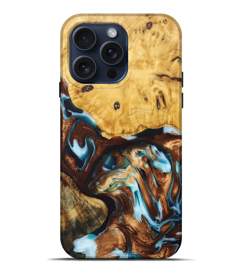 iPhone 15 Pro Max Wood+Resin Live Edge Phone Case - Haisley (Teal & Gold, 670829)