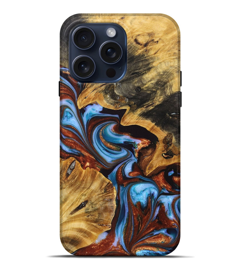iPhone 15 Pro Max Wood+Resin Live Edge Phone Case - Adaline (Teal & Gold, 670830)