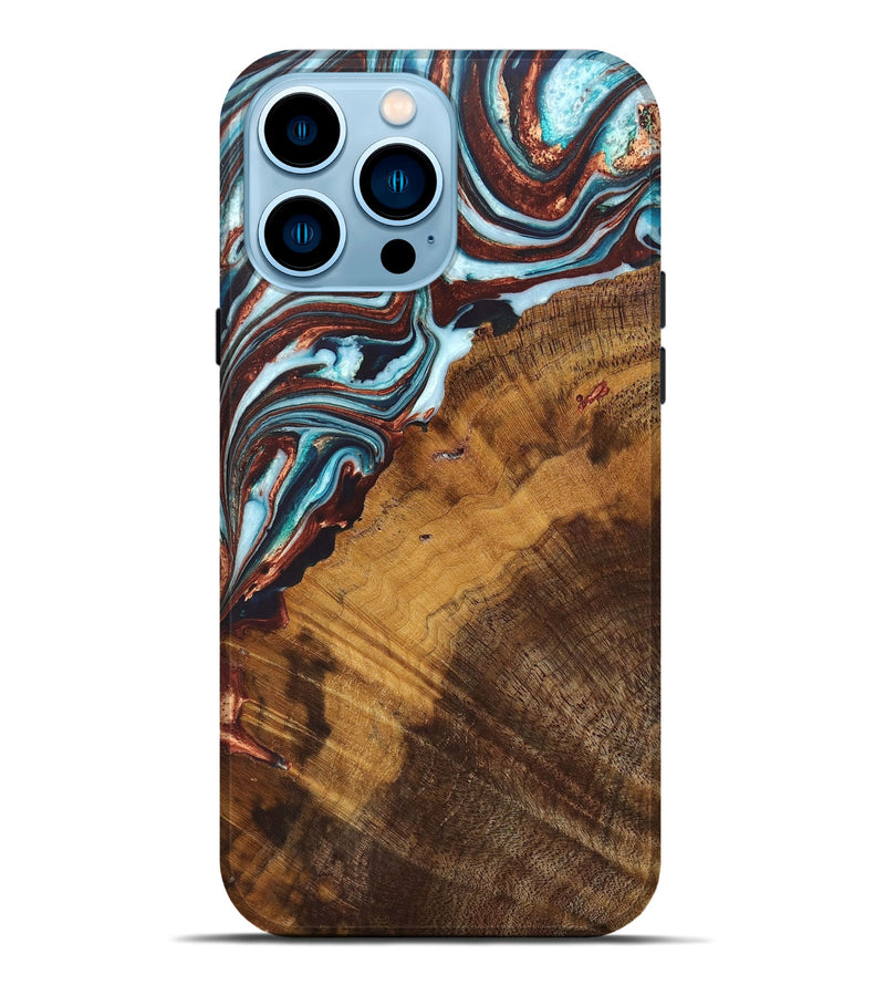 iPhone 14 Pro Max Wood+Resin Live Edge Phone Case - Rudy (Teal & Gold, 670836)