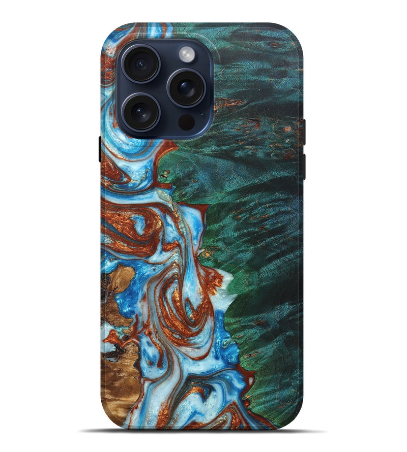 iPhone 15 Pro Max Wood+Resin Live Edge Phone Case - Conner (Teal & Gold, 670837)
