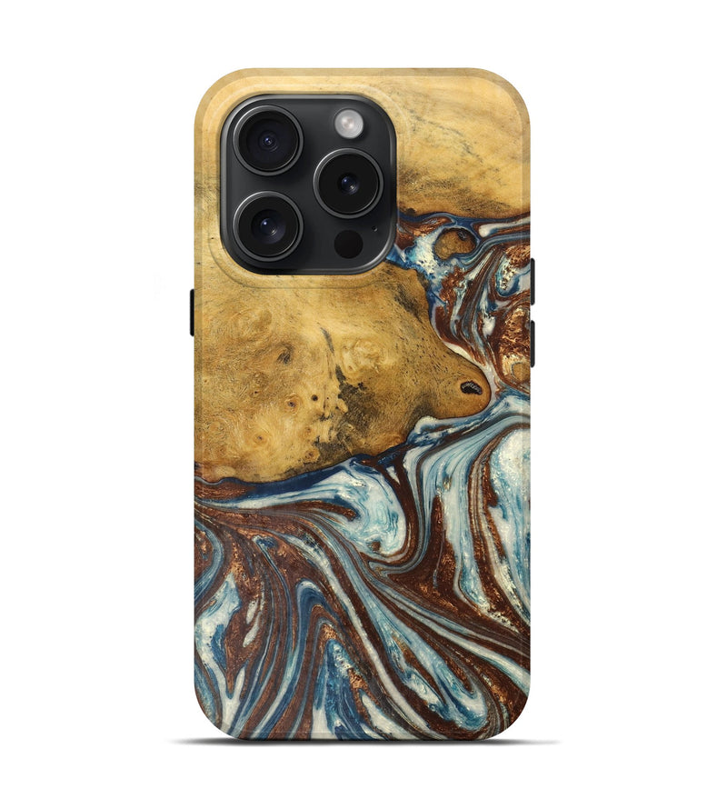 iPhone 15 Pro Wood+Resin Live Edge Phone Case - Emil (Teal & Gold, 670838)