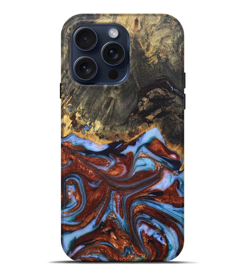 iPhone 15 Pro Max Wood+Resin Live Edge Phone Case - Omar (Teal & Gold, 671198)
