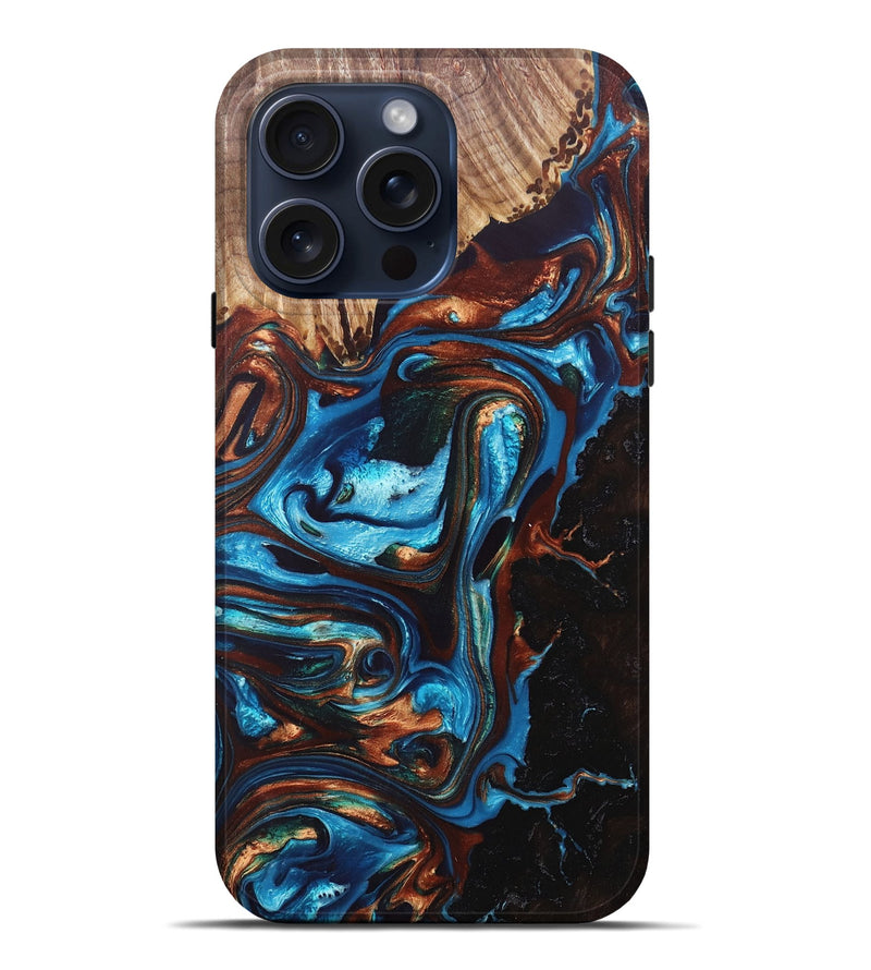 iPhone 15 Pro Max Wood+Resin Live Edge Phone Case - Katina (Teal & Gold, 671200)