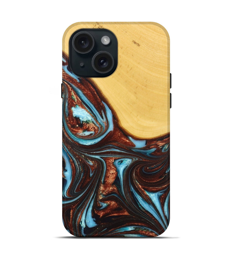iPhone 15 Wood+Resin Live Edge Phone Case - Kennedy (Teal & Gold, 671201)