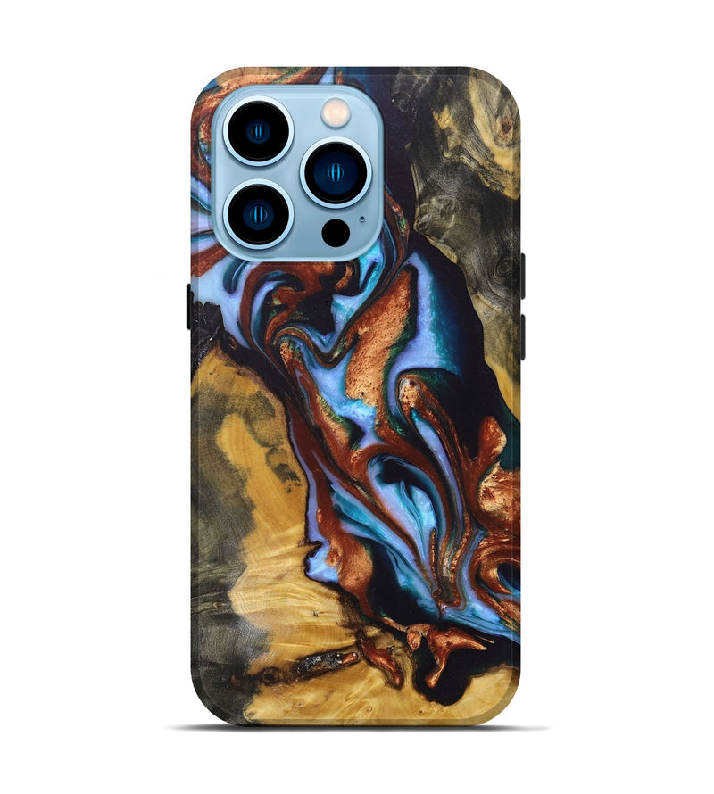 iPhone 14 Pro Wood+Resin Live Edge Phone Case - Cooper (Teal & Gold, 671204)