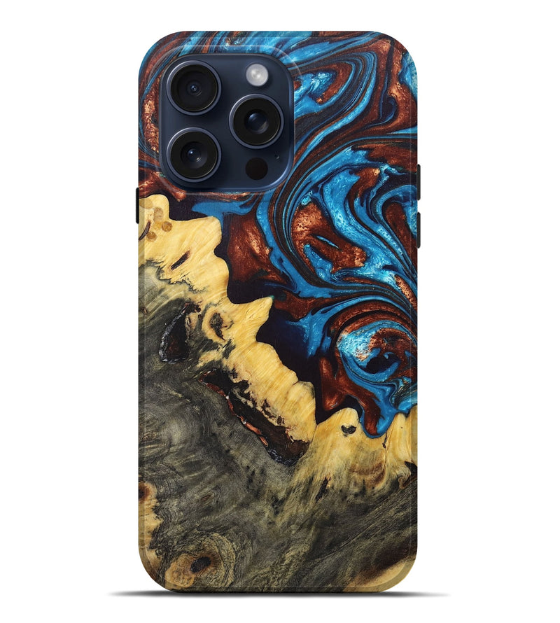iPhone 15 Pro Max Wood+Resin Live Edge Phone Case - Averie (Teal & Gold, 671205)