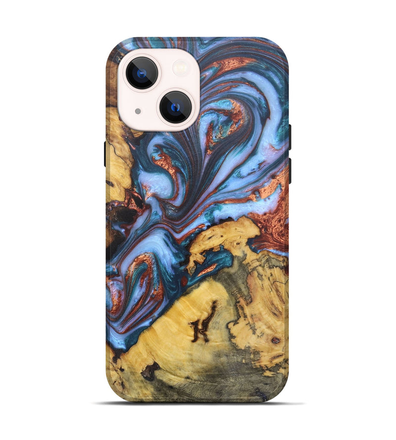 iPhone 14 Wood+Resin Live Edge Phone Case - Madeline (Teal & Gold, 671206)