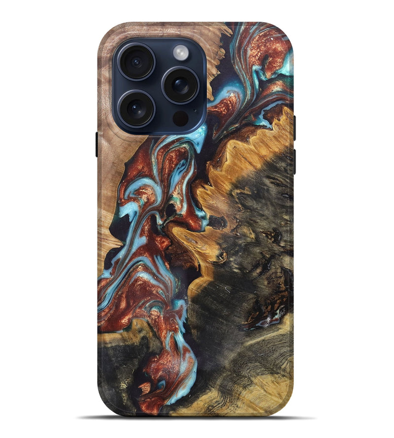 iPhone 15 Pro Max Wood+Resin Live Edge Phone Case - Natalia (Teal & Gold, 671216)