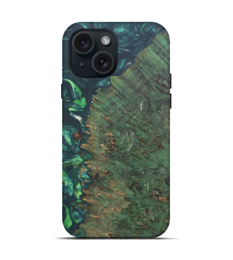 iPhone 15 Wood+Resin Live Edge Phone Case - Cynthia (Green, 671372)