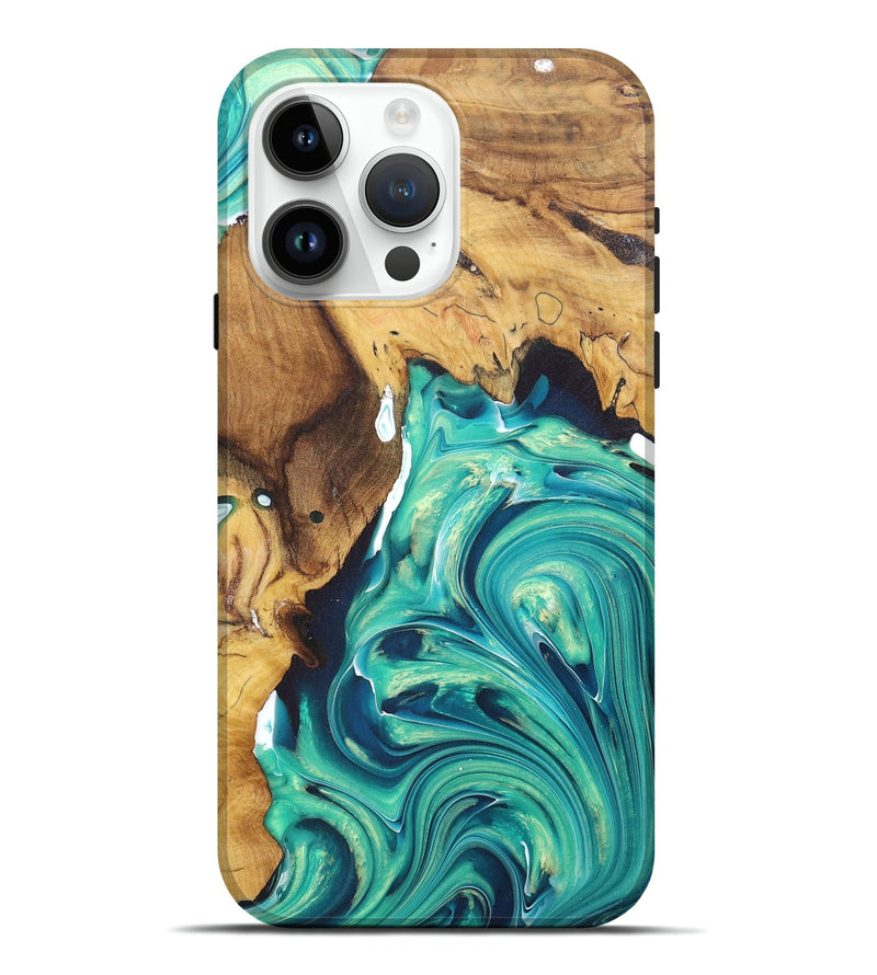 iPhone 15 Pro Max Wood+Resin Live Edge Phone Case - Silas (Green, 671419)