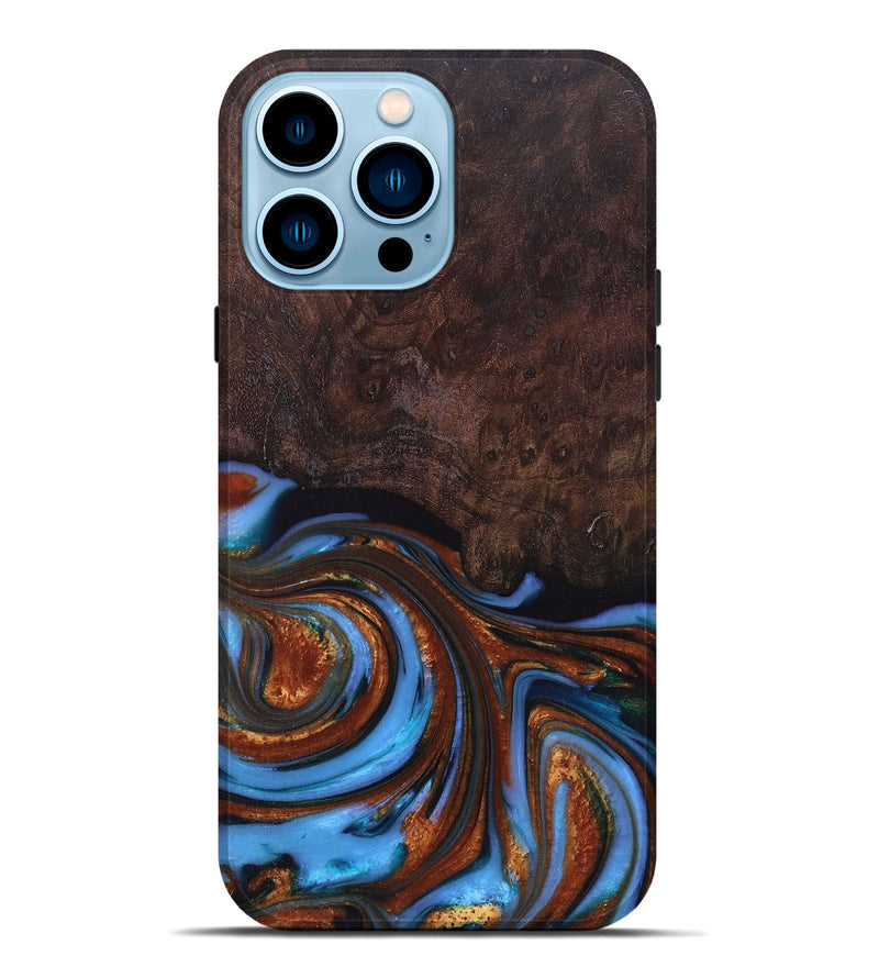 iPhone 14 Pro Max Wood+Resin Live Edge Phone Case - Lindsay (Teal & Gold, 671444)