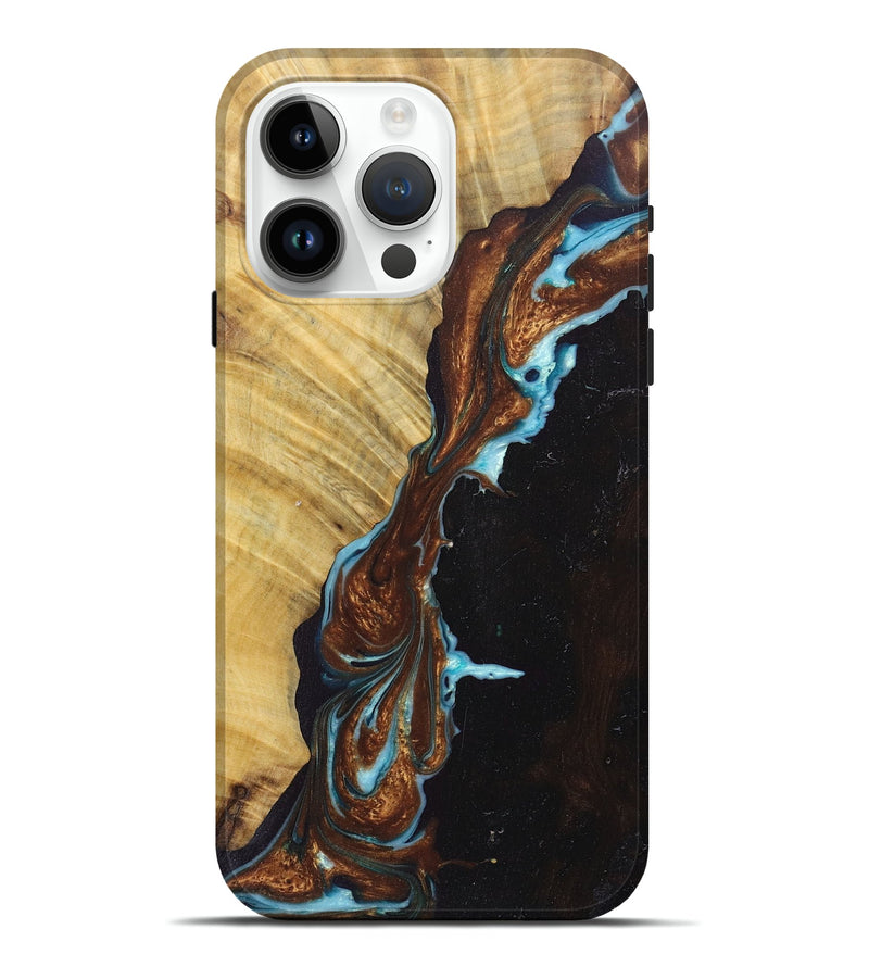 iPhone 15 Pro Max Wood+Resin Live Edge Phone Case - Victoria (Teal & Gold, 671445)