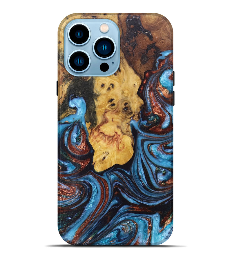 iPhone 14 Pro Max Wood+Resin Live Edge Phone Case - Kenneth (Teal & Gold, 671447)