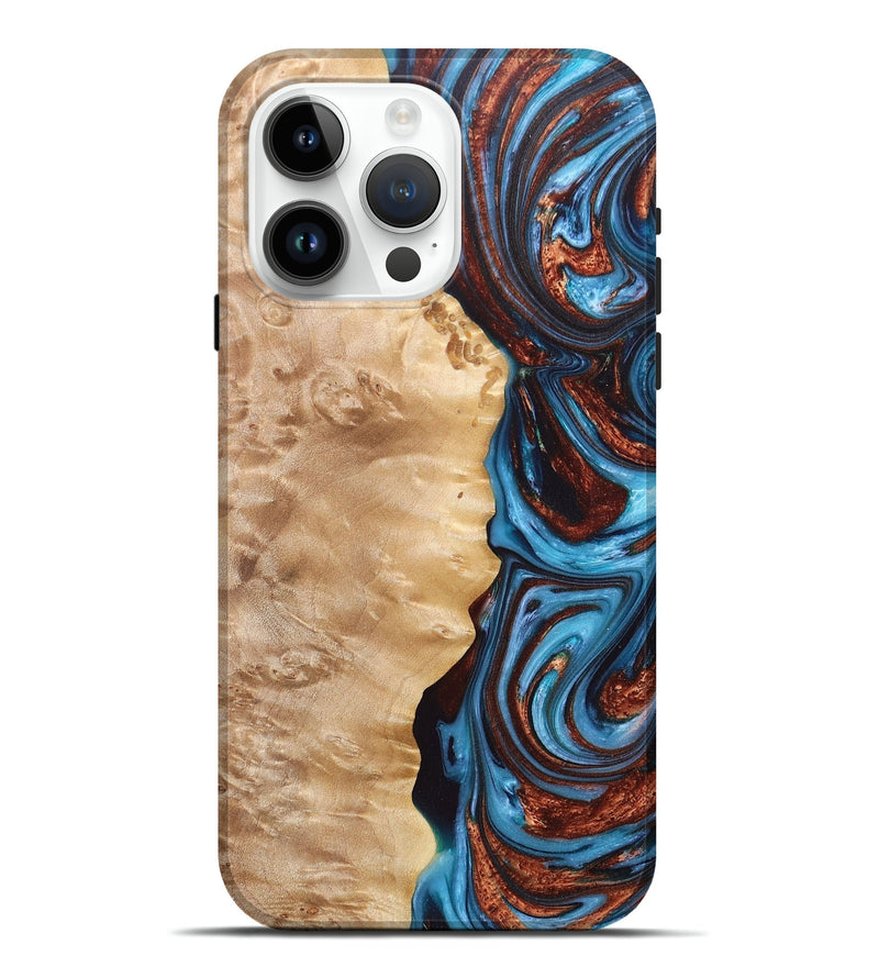 iPhone 15 Pro Max Wood+Resin Live Edge Phone Case - Jewel (Teal & Gold, 671449)