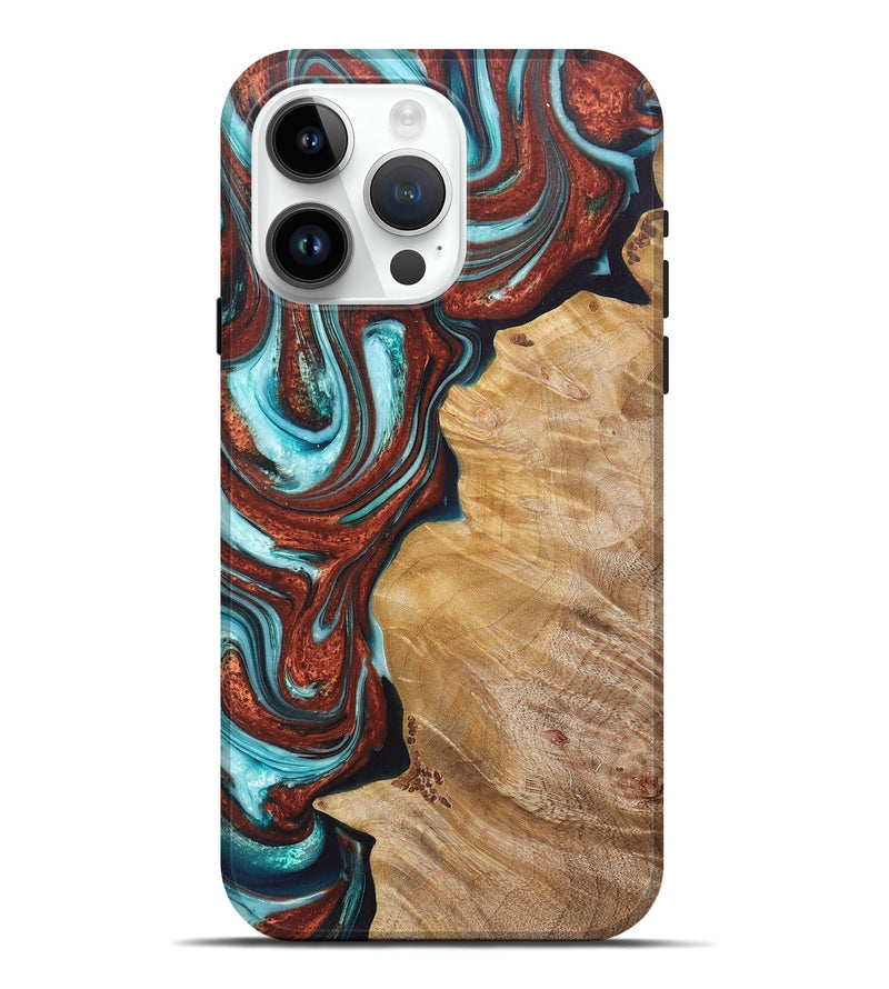 iPhone 15 Pro Max Wood+Resin Live Edge Phone Case - Cora (Teal & Gold, 671450)