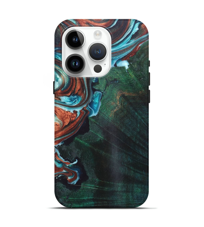 iPhone 15 Pro Wood+Resin Live Edge Phone Case - Marguerite (Teal & Gold, 671451)