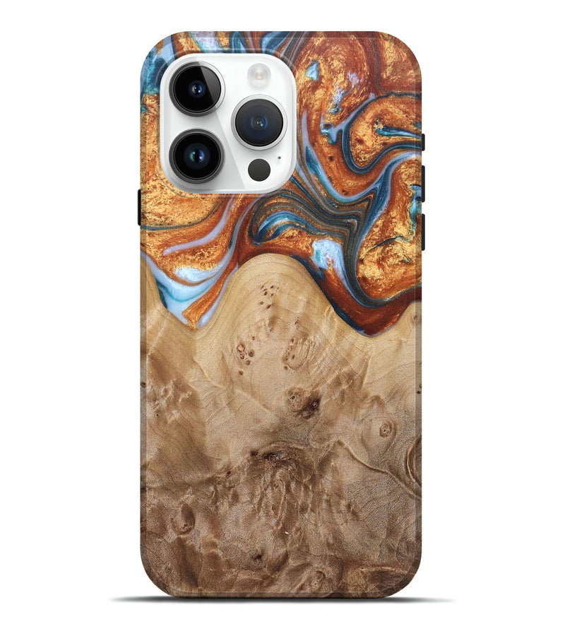 iPhone 15 Pro Max Wood+Resin Live Edge Phone Case - Hilda (Teal & Gold, 671452)