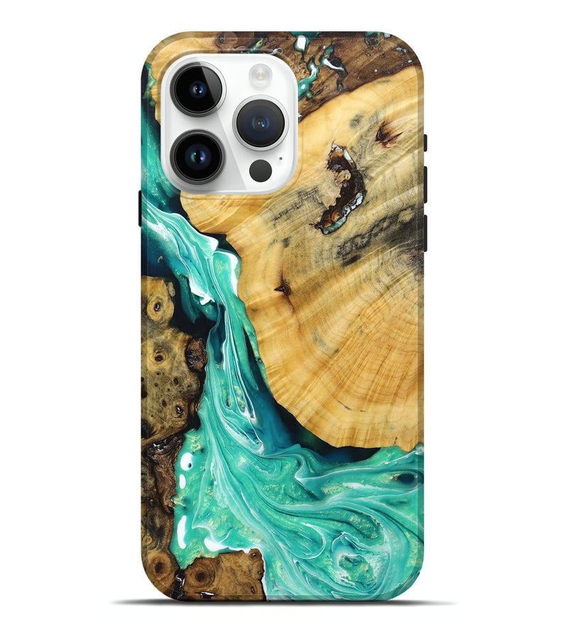 iPhone 15 Pro Max Wood+Resin Live Edge Phone Case - Miriam (Green, 672755)