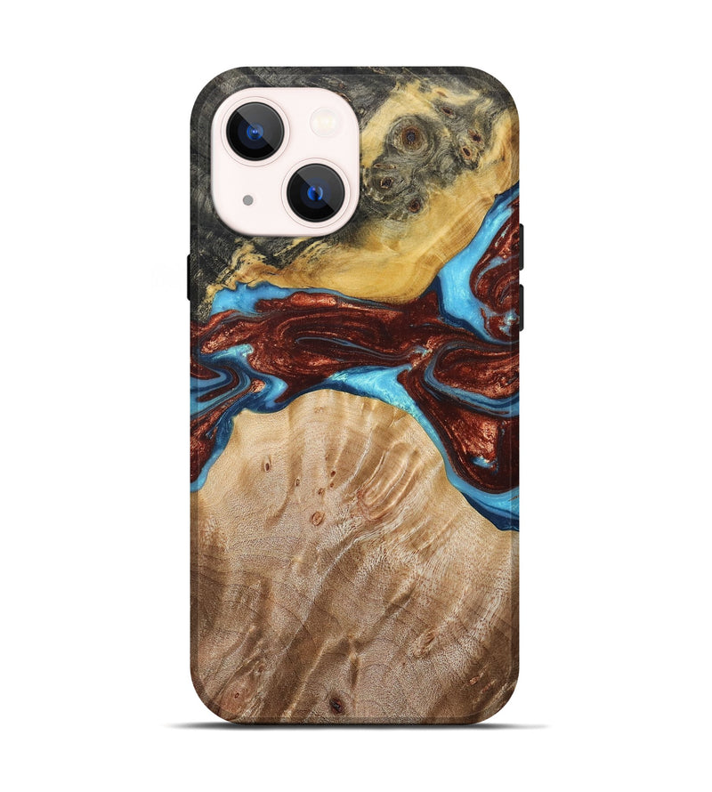 iPhone 14 Wood+Resin Live Edge Phone Case - Esther (Teal & Gold, 673232)