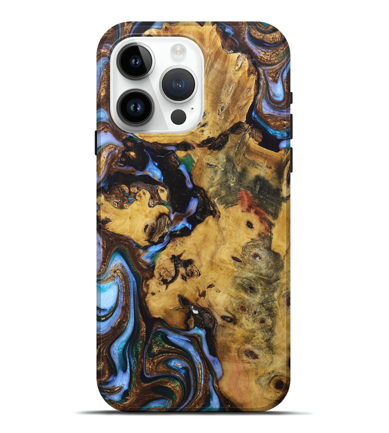 iPhone 15 Pro Max Wood+Resin Live Edge Phone Case - Kingston (Teal & Gold, 673233)