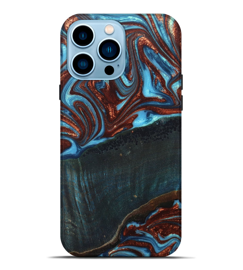 iPhone 14 Pro Max Wood+Resin Live Edge Phone Case - Gladys (Teal & Gold, 673234)