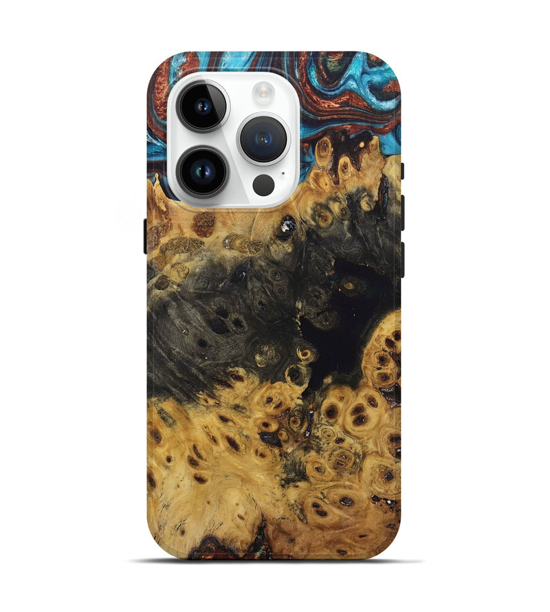 iPhone 15 Pro Wood+Resin Live Edge Phone Case - Elian (Teal & Gold, 673242)