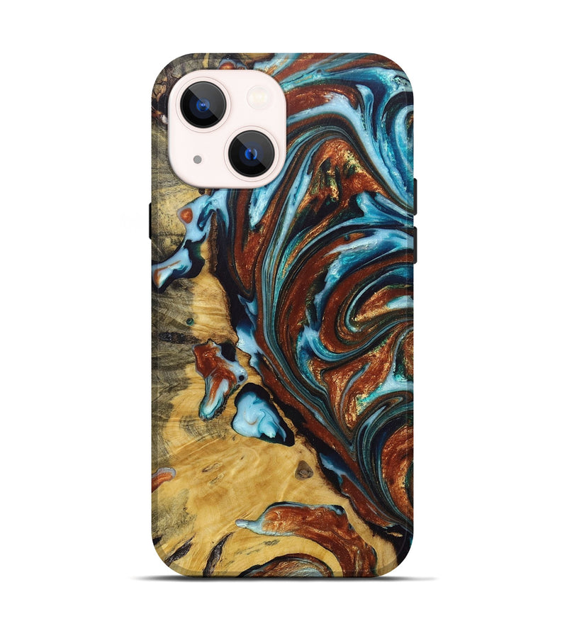 iPhone 14 Wood+Resin Live Edge Phone Case - Haley (Teal & Gold, 673243)