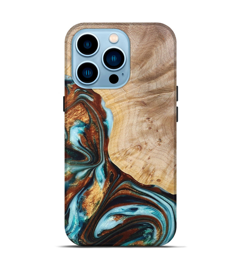 iPhone 14 Pro Wood+Resin Live Edge Phone Case - Titus (Teal & Gold, 673244)
