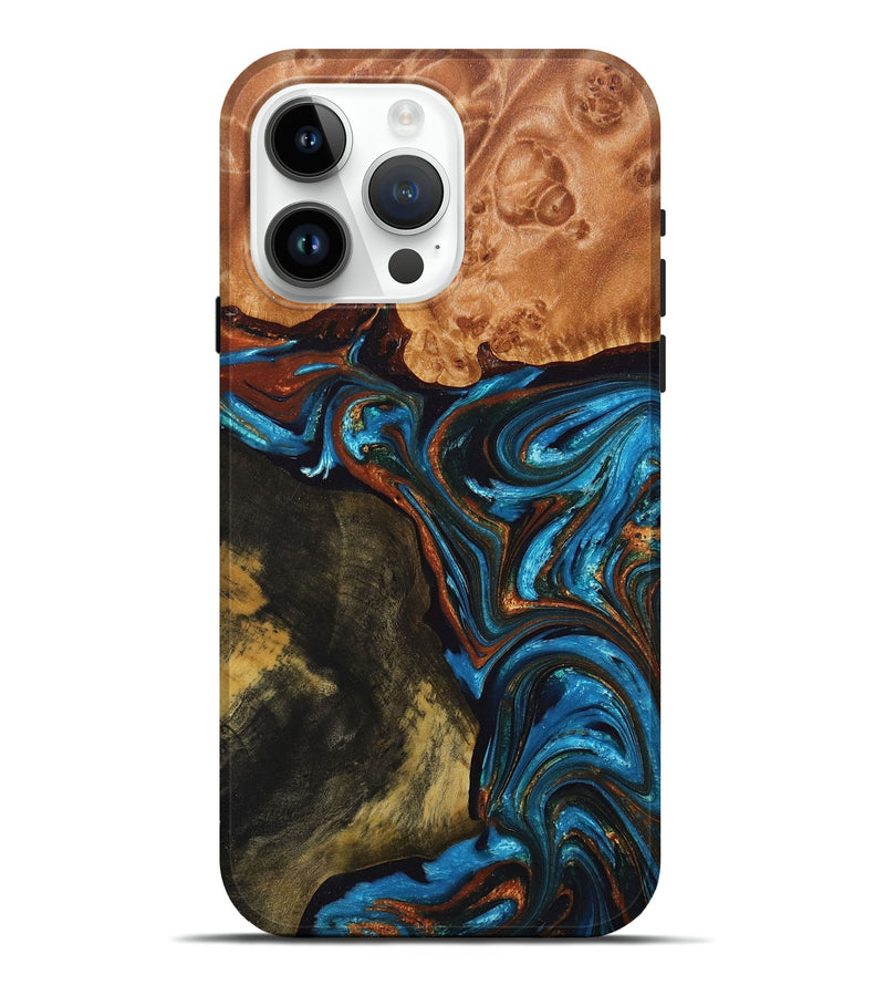 iPhone 15 Pro Max Wood+Resin Live Edge Phone Case - Minnie (Teal & Gold, 674073)