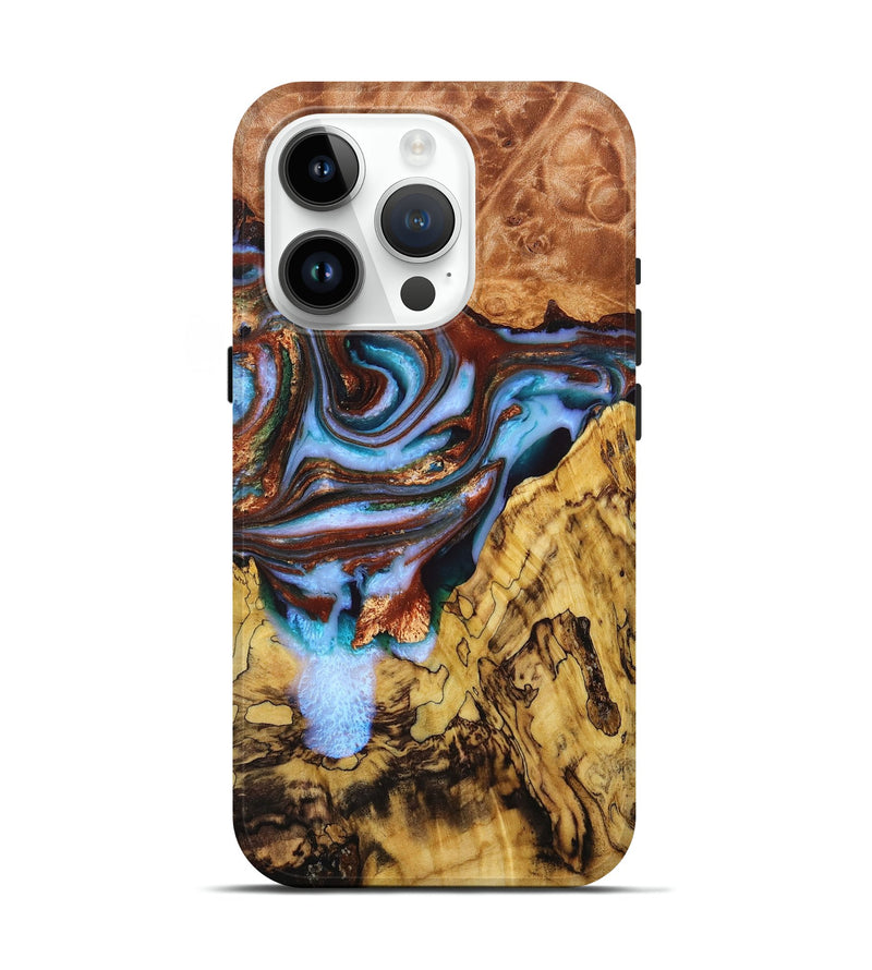 iPhone 15 Pro Wood+Resin Live Edge Phone Case - Kim (Teal & Gold, 674075)