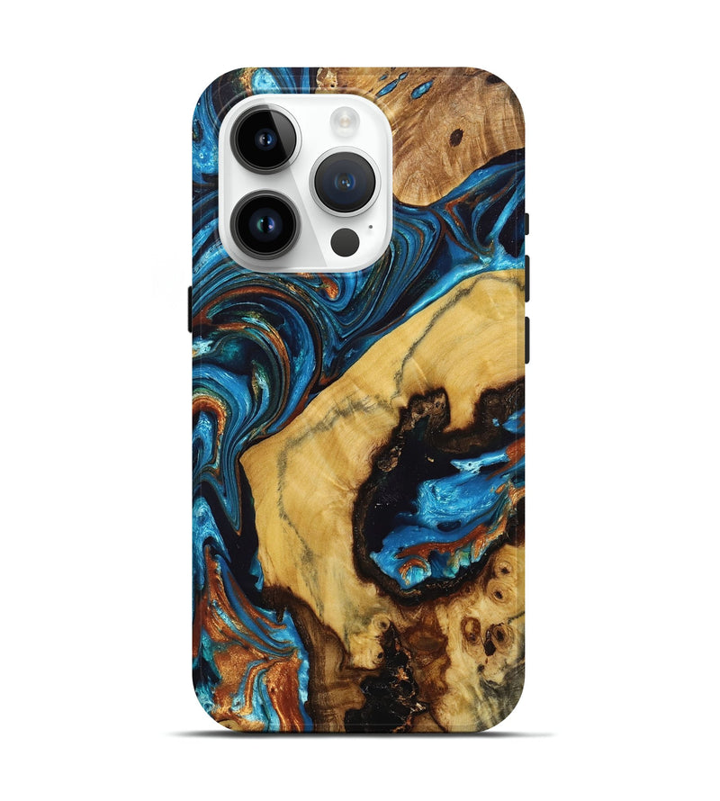 iPhone 15 Pro Wood+Resin Live Edge Phone Case - Cathleen (Teal & Gold, 674076)