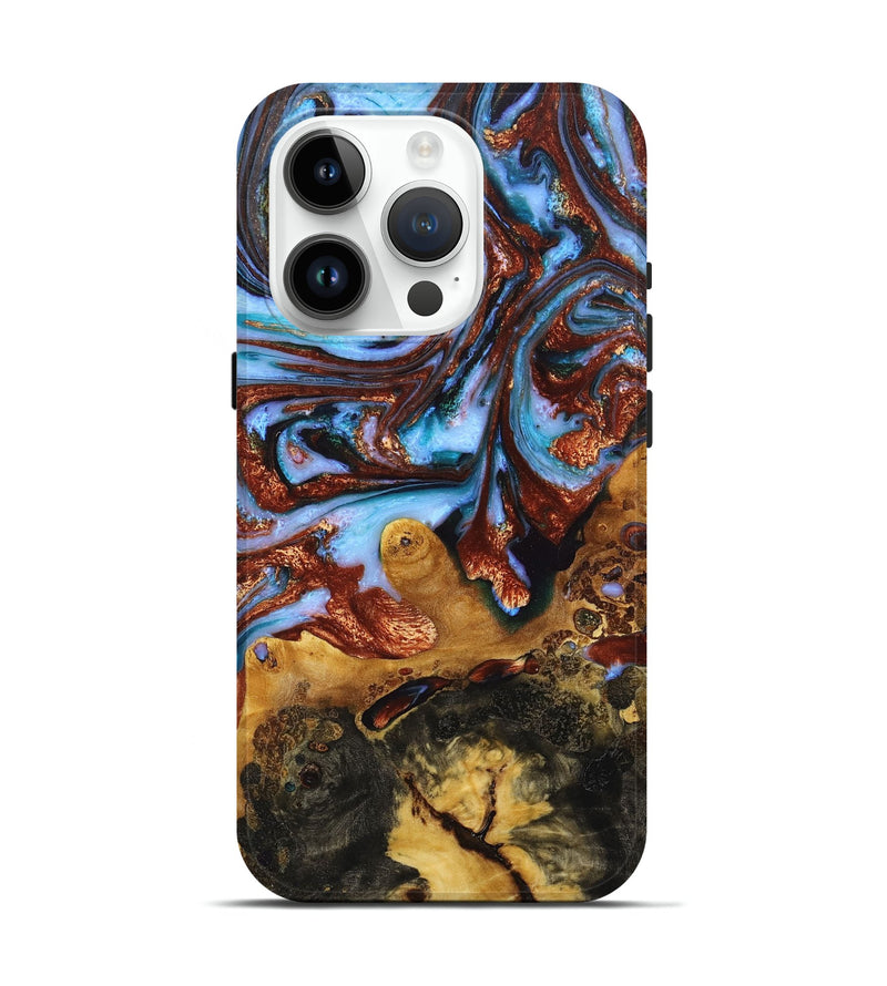 iPhone 15 Pro Wood+Resin Live Edge Phone Case - Flora (Teal & Gold, 674077)