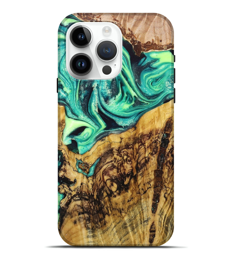 iPhone 15 Pro Max Wood+Resin Live Edge Phone Case - Kody (Green, 674079)