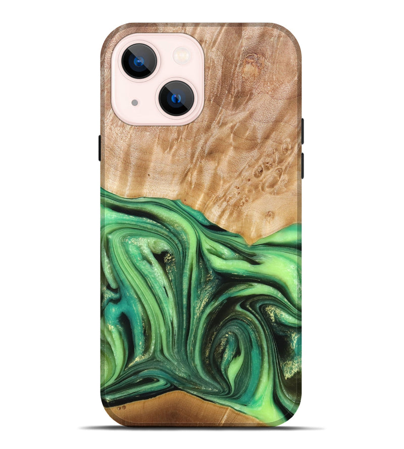 iPhone 14 Plus Wood+Resin Live Edge Phone Case - Adrienne (Green, 674087)