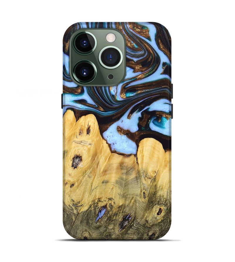 iPhone 13 Pro Wood+Resin Live Edge Phone Case - Casey (Teal & Gold, 674573)