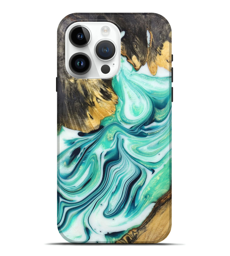 iPhone 15 Pro Max Wood+Resin Live Edge Phone Case - Nehemiah (Green, 674574)