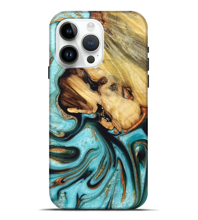 iPhone 15 Pro Max Wood+Resin Live Edge Phone Case - Teresa (Teal & Gold, 674715)