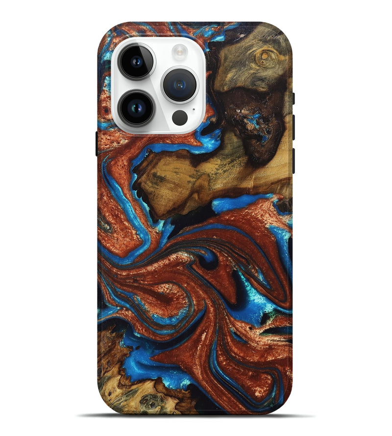 iPhone 15 Pro Max Wood+Resin Live Edge Phone Case - Maurice (Teal & Gold, 674719)