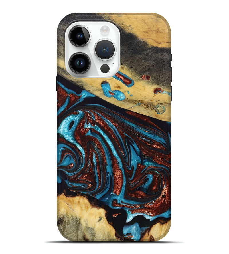 iPhone 15 Pro Max Wood+Resin Live Edge Phone Case - Kristina (Teal & Gold, 674720)