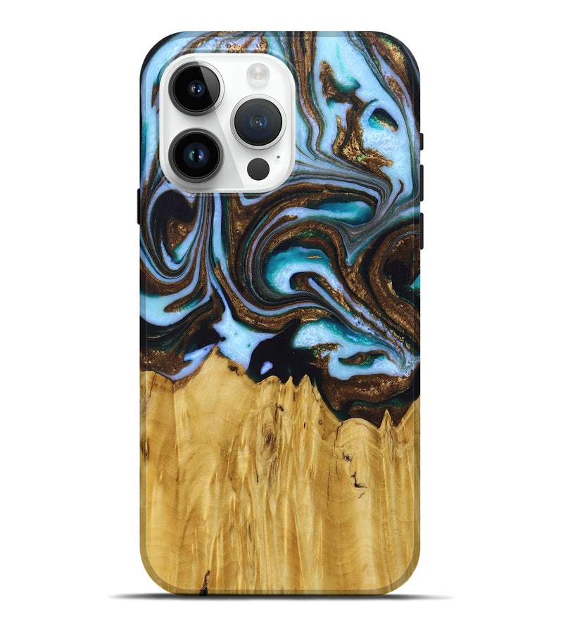 iPhone 15 Pro Max Wood+Resin Live Edge Phone Case - James (Teal & Gold, 674721)