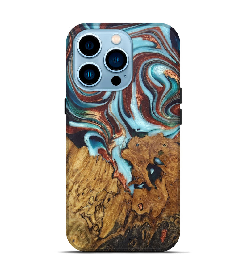 iPhone 14 Pro Wood+Resin Live Edge Phone Case - Gina (Teal & Gold, 675616)