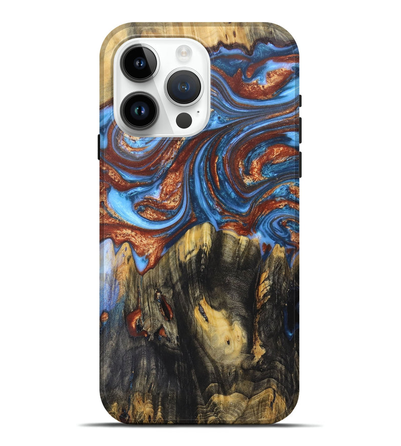 iPhone 15 Pro Max Wood+Resin Live Edge Phone Case - Callum (Teal & Gold, 675617)