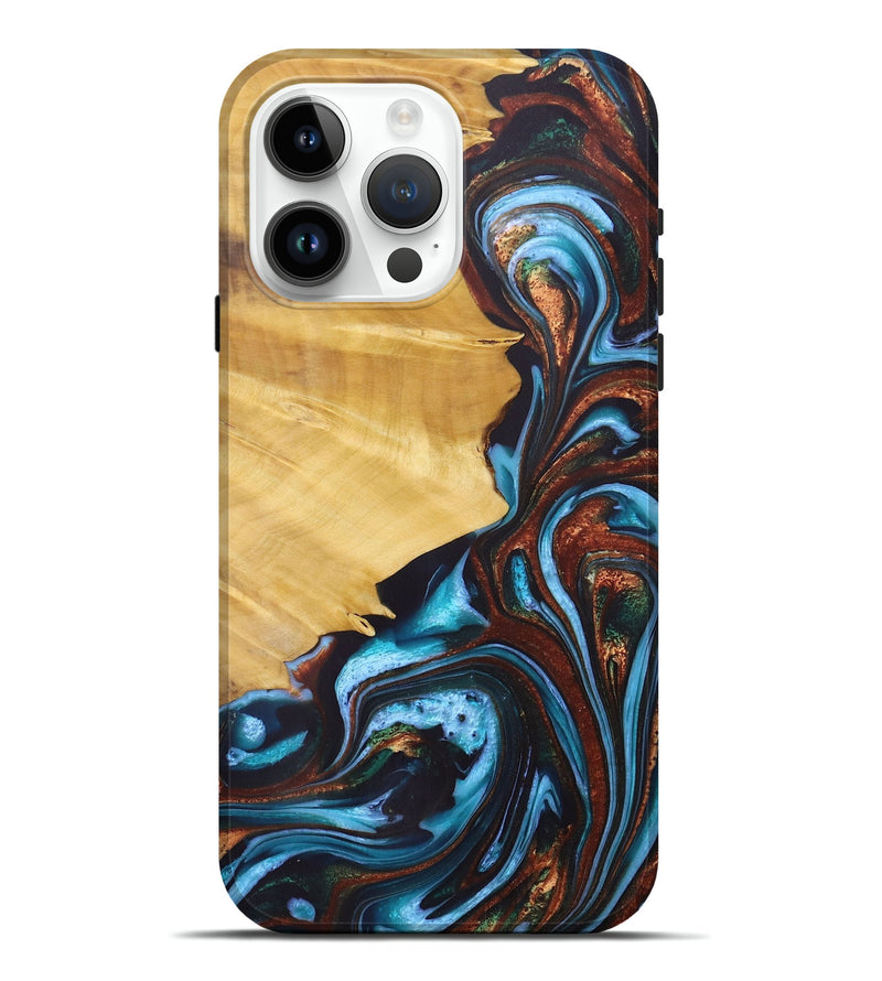 iPhone 15 Pro Max Wood+Resin Live Edge Phone Case - Ayden (Teal & Gold, 675618)