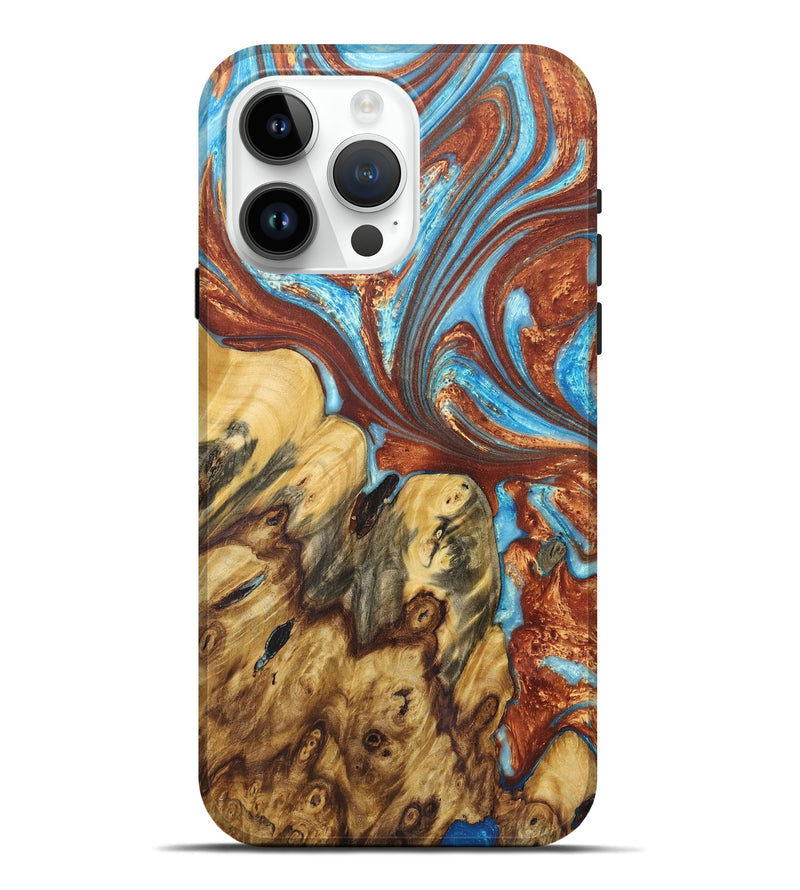 iPhone 15 Pro Max Wood+Resin Live Edge Phone Case - Ember (Teal & Gold, 675620)