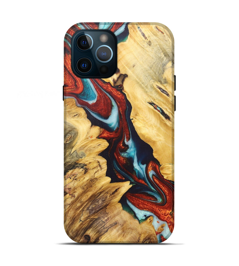 iPhone 12 Pro Wood+Resin Live Edge Phone Case - Olga (Teal & Gold, 675621)