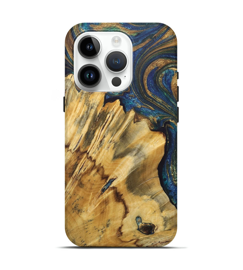 iPhone 15 Pro Wood+Resin Live Edge Phone Case - Aisha (Teal & Gold, 675624)