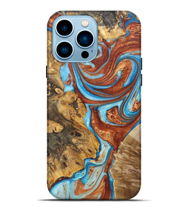 iPhone 14 Pro Max Wood+Resin Live Edge Phone Case - Rihanna (Teal & Gold, 675625)