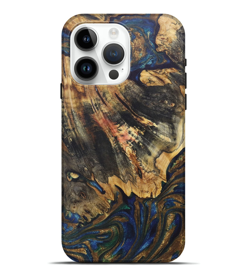 iPhone 15 Pro Max Wood+Resin Live Edge Phone Case - Dixie (Teal & Gold, 675626)