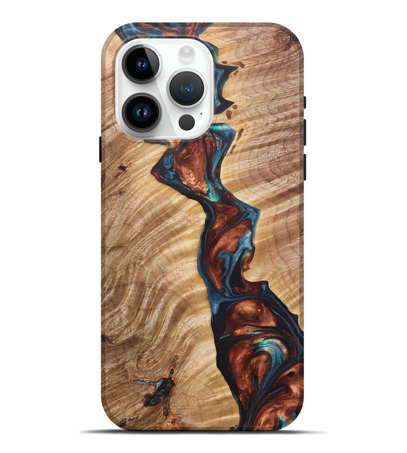 iPhone 15 Pro Max Wood+Resin Live Edge Phone Case - Wayne (Teal & Gold, 675630)